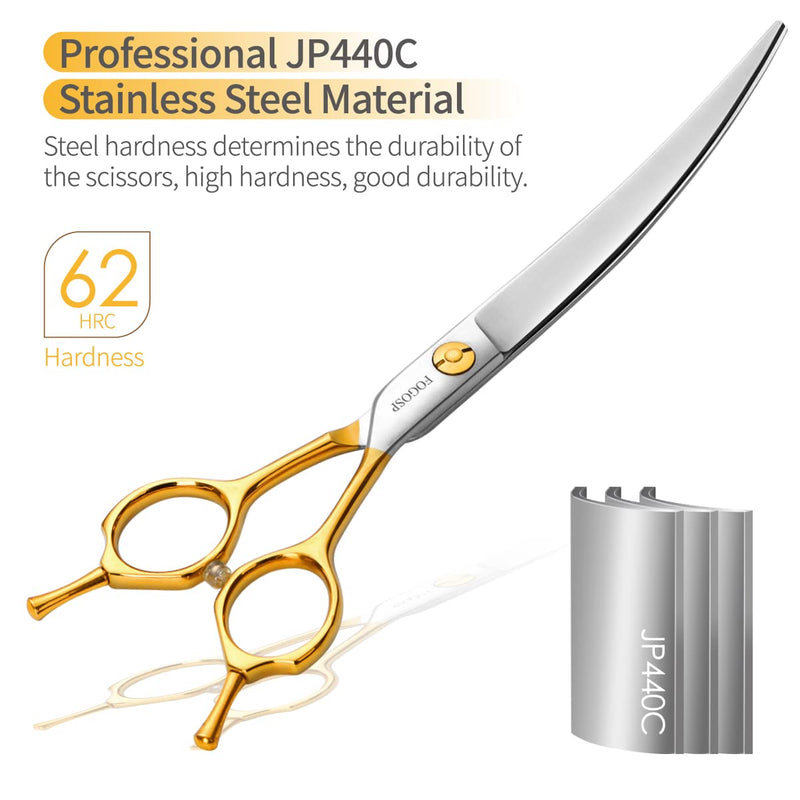 Curved Dog Grooming Scissors Professional 7" Grooming Shears for Dogs Pet Right Handed Groomer Japan 440C Stainless Steel (7 in Curved, Gold) 7 inch - PawsPlanet Australia