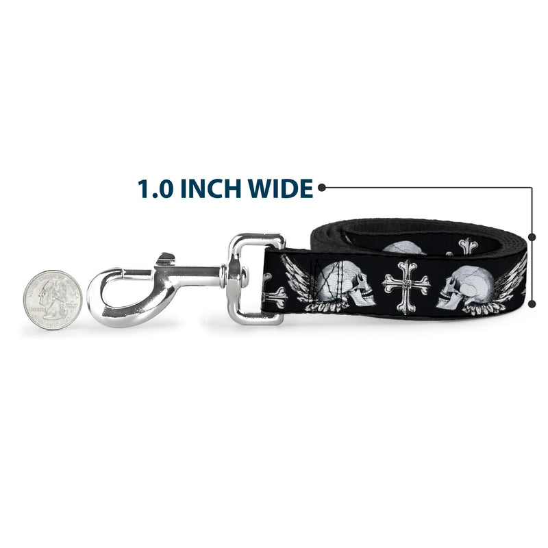 Buckle-Down Dog Leash Skulls Wings Black White 6 Feet Long 0.5 Inch Wide 6 Feet Long - 1/2" Wide - PawsPlanet Australia