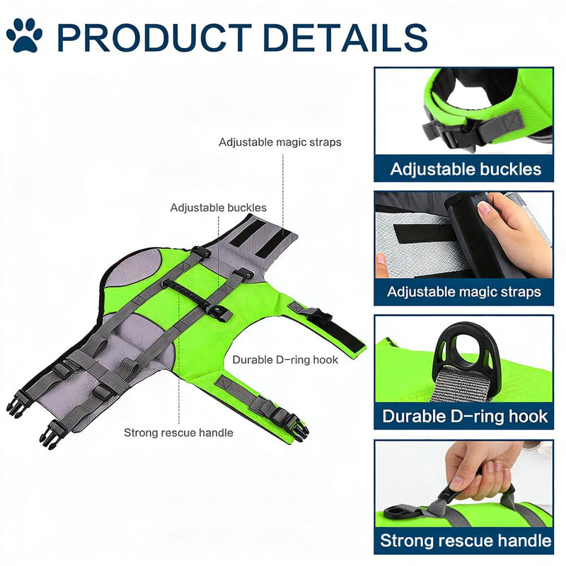 Mklhgty Dog Life Jacket, Reflective Adjustable Dog Life Vest with Rescue Handle for Swimming and Boating, Ripstop Pet Safety Life Preserver for Small, Medium and Large Dogs Green X-Small - PawsPlanet Australia