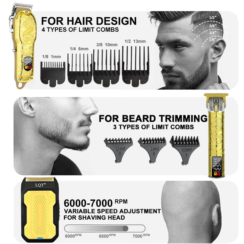 LQT® Professional Hair Clippers for Men, Hair Trimmer Cordless Barber Clippers and Trimmers Set, Hair Cutting Kit for Men Grooming Father Day Gifts Professional-Gold-3pcs/set Gold - PawsPlanet Australia