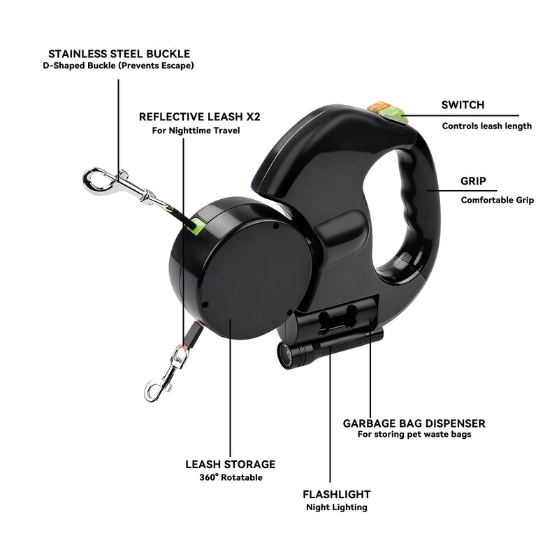 Retractable Double Dog Leash, Automatic Leash 1 Tow 2 with Flashlight and Bag Dispenser