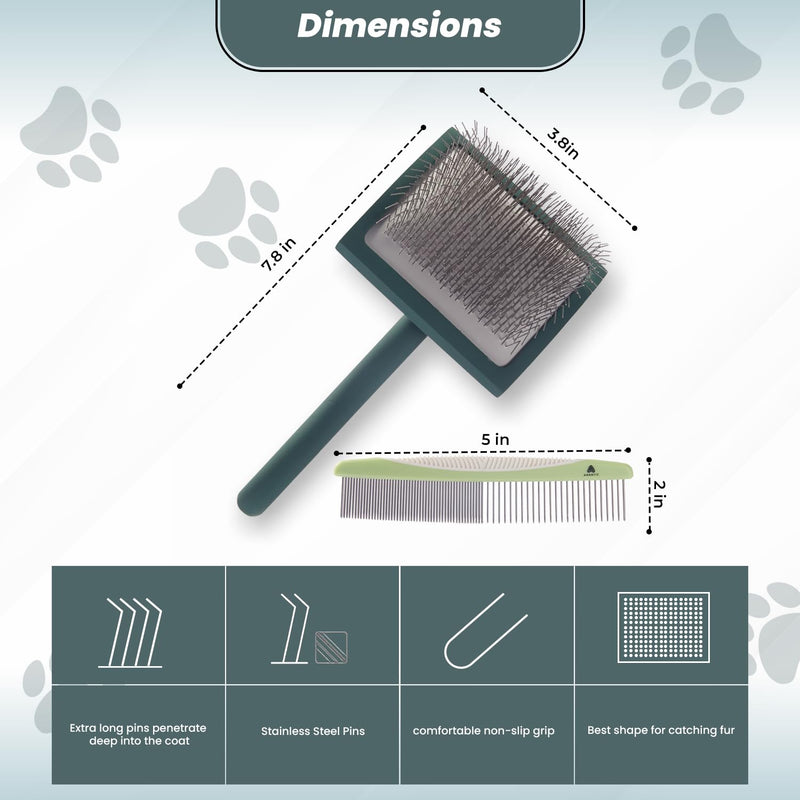 Self- Cleaning Slicker Brush for Dogs Suitable for Short & Long Haired Dogs and Effective Deshedding for Pet Grooming, Undercoat Removal, Tangle-Free Fur (Green Brush + Comb) Large - PawsPlanet Australia