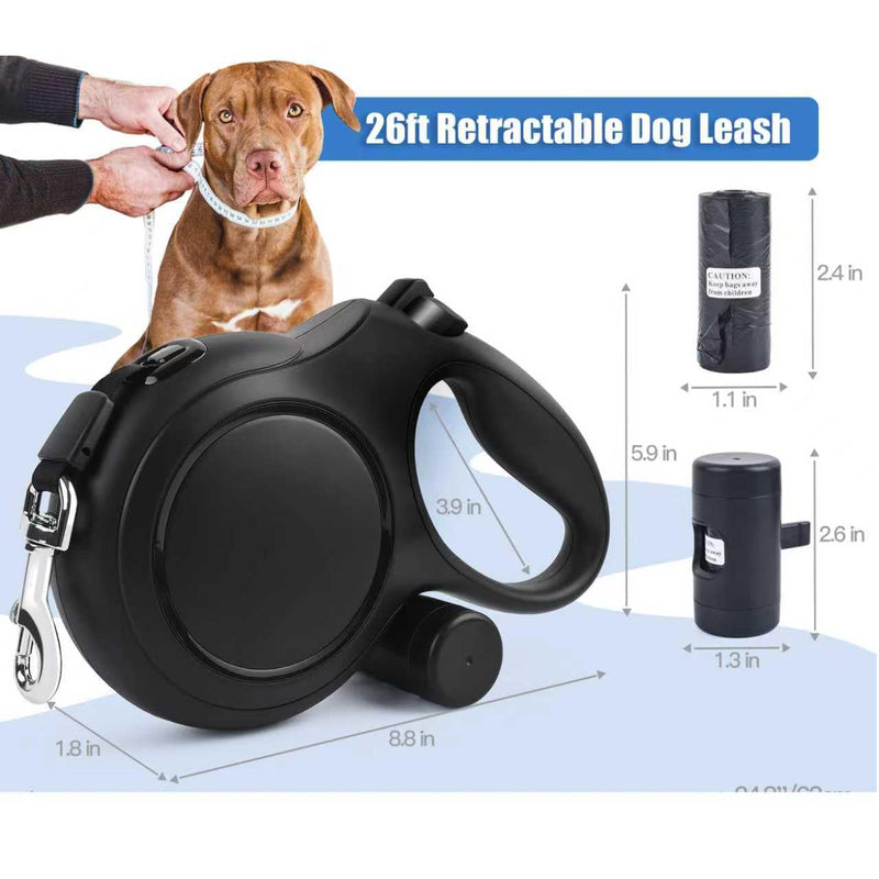 26 ft Retractable Dog Leash - Heavy Duty Retractable Pet Leash with Anti-Slip Grip for Medium to Large Dogs up to 110 lbs (Black) Black - PawsPlanet Australia