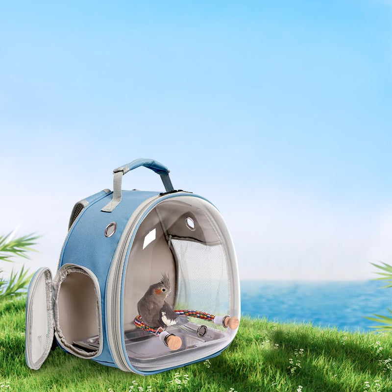 Small Bird Travel Backpack Carrier Cage, Backpack to Transport Backpack Carrier with Metal Tray Stand Perch for Parakeet Cockatiel Budgies Vet Carry Bag Blue Clear Bubble - PawsPlanet Australia