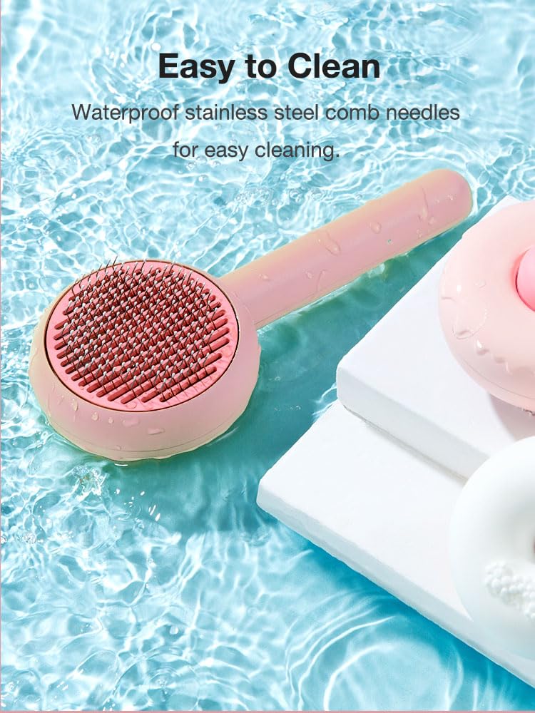 Cat Brush, Gemnbo Cat Dog Bursh for Shedding with Release Button, Deshedding Brush for Cats and Dogs at Home with Waterproof 140° Bent Curved Massage Needles Pink - PawsPlanet Australia