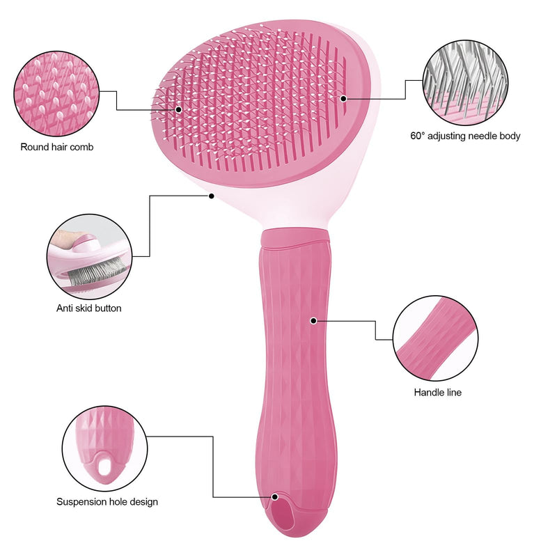 Cat Brush, Self Cleaning Slicker Brush, Skin-Friendly Grooming Tool for Cats & Dogs, Easily Removes Shedding Hair & Mats, Pet Massaging Tool for Long and Short, No Hair Build-Up, Easy to Clean Pink