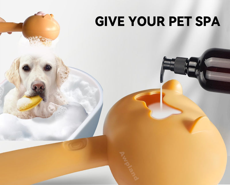 Soft Dog Bath Brush with Shampoo Dispenser, Hair Brush for Bathing and Shedding, Deep Cleaning Dog Bath Scrubber Supplies for Short Long Haired Dogs and Cats Orange - PawsPlanet Australia