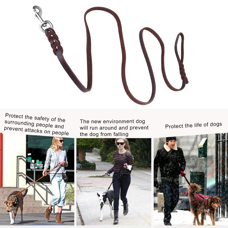 Leather Dog Lead Braided Brown Leather Pet Leash Dog Training Lead Rope Pet Walking Leads for Medium Large Dogs (6.89ft) 2.1m