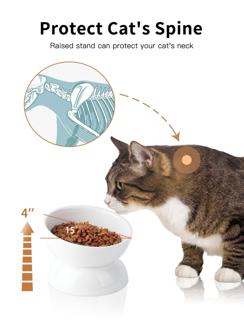 Cat Water Bowl, 16 OZ Ceramic Elevated Cat Dish, 15° Tilted and Raised Pet Food Bowl, Anti Vomiting Protect Pets' Spines and Whisker Fatigue 1 Pack White - PawsPlanet Australia