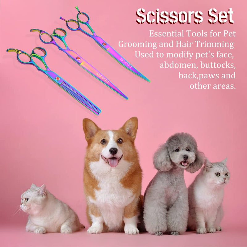 LILYS PET HIGH-END SERIES Japan 440C Stainless Steel Professional Pet Grooming Scissors Set,Rainbow Color,Cutting&Thinning&Two-way Curved shears Set (8.0") - PawsPlanet Australia