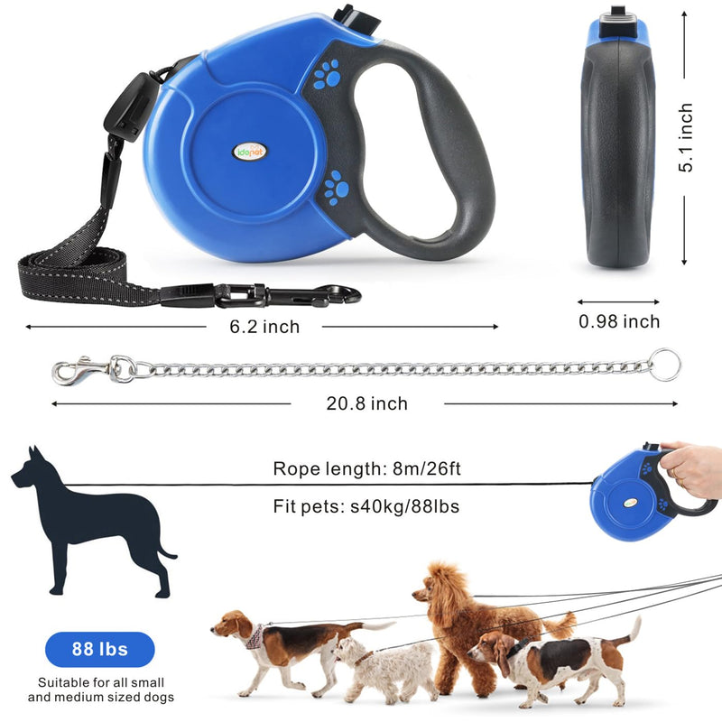 Idepet Heavy Duty Retractable Dog Leash for Small and Medium Dogs, Anti-Chewing Steel Chain Design,360 DegreeTangle-Free,Break and Lock System,26ft Leash Dog Walking (Blue, Round Rope) Blue - PawsPlanet Australia