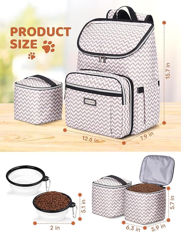 BAGLHER Travel Dog Backpack - Detachable Travel Dog Food Container for Pet Supplies Dog Gear Backpack,Dog Bag for Traveling with 2 Silicone Collapsible Bowls and 2 Food Baskets white Medium - PawsPlanet Australia