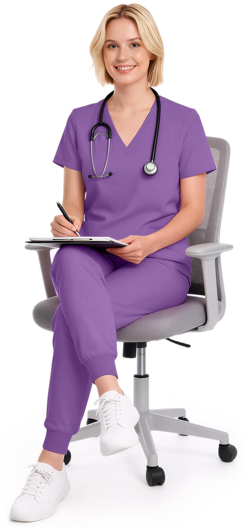 Scrubs for Women Set - 8-Pocket V-Neck Scrub Uniform, Stretch Jogger Pants, Medical Workwear for Nurses, Pet Care Medium Light Purple - PawsPlanet Australia