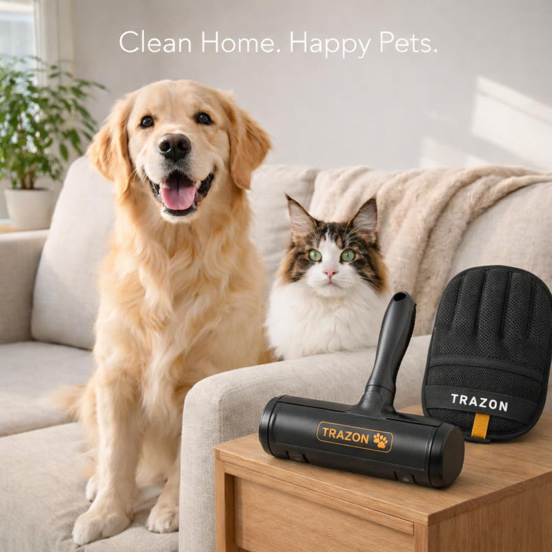 Pet Hair Removal System – Reusable Lint Roller & Lint Remover for Pet Hair on Carpet, Couch & Furniture + Pet Hair Glove Brush – Dog & Cat Fur Remover Tool for Car, Rugs & Clothing