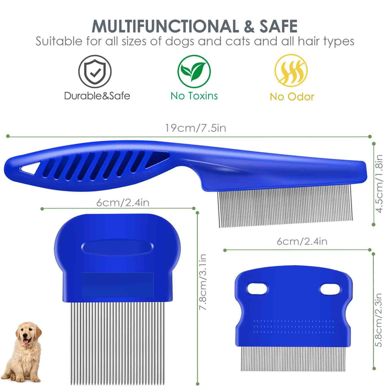 3 Pack Dog Grooming Comb, Flea Lice Pet Combs, Stainless Steel Cat Combs with Rounded Teeth, Professional Metal Tear Stain Remover, Dematting Tool for Small, Medium & Large Pets - PawsPlanet Australia