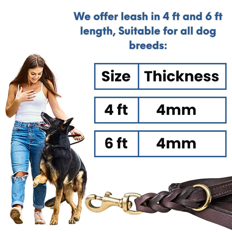 Dog Leash | Heavy Duty Leather Training Leashes, Solid Brass Connector Snaps and Two Rings (Dark Brown, 6 Ft) Dark Brown - PawsPlanet Australia