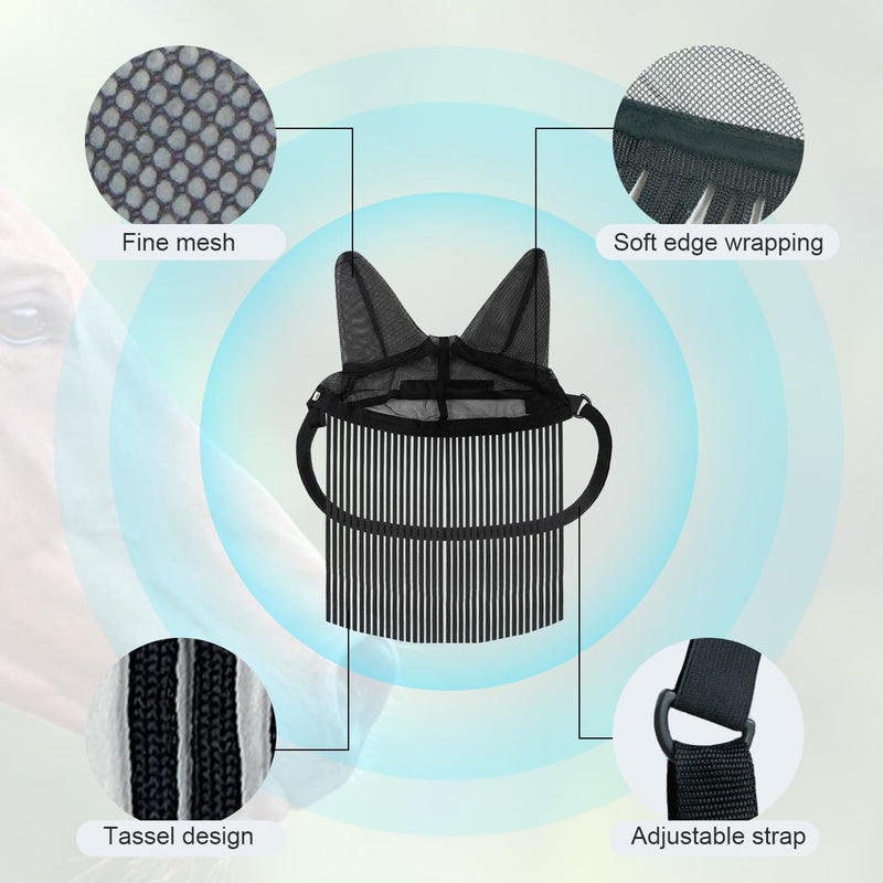 La La Pet Breathable Mesh Horse Fly Mask Protective Face Cover with Ears and Nose Fringe Super Comfort Protector Defender Soft on Skin Equestrian Supplies in Summer