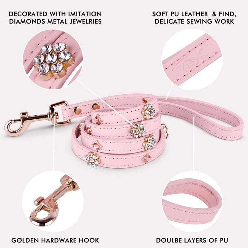 PU Leather Rhinestone Pet Leash - Green Leather Dog Leash - Soft, Padded & Comfortable for Female Dogs and Cats, Stylish for Walking & Running, Diamond Crystals & Metal Flowers - M 4FT Leash(M)-4ft LSH:Green - PawsPlanet Australia