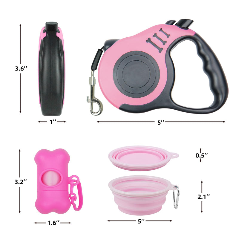 Retractable Dog Leash 10FT Sturdy, Easy to Operate, Ideal for Daily Walks, with Folding Bowl, Dispenser, Rubbish Bags, Fur Memorial Keychain, Great for Small and Medium Dogs(Pink) Pink - PawsPlanet Australia