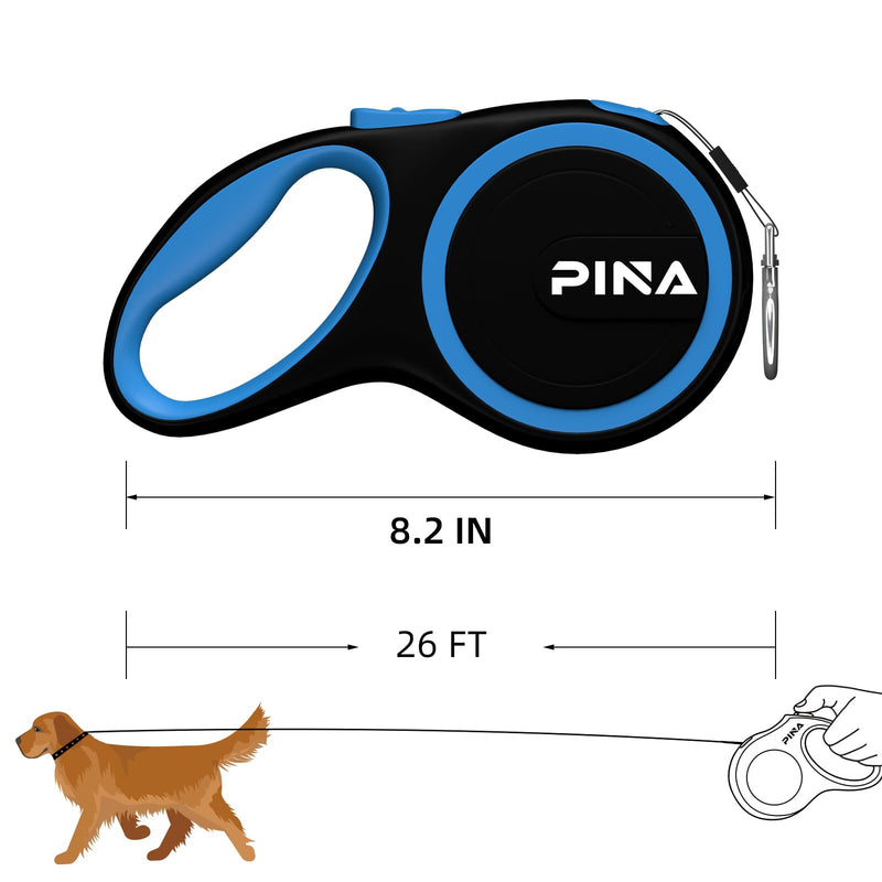 PINA Retractable Dog Leash, 26ft Dog Leash for Small Medium Large Dogs Up to 110lbs, 360° Tangle-Free Strong Reflective Nylon Tape, with Anti-Slip Handle, One-Handed Brake, Lock - Black Blue 26 ft