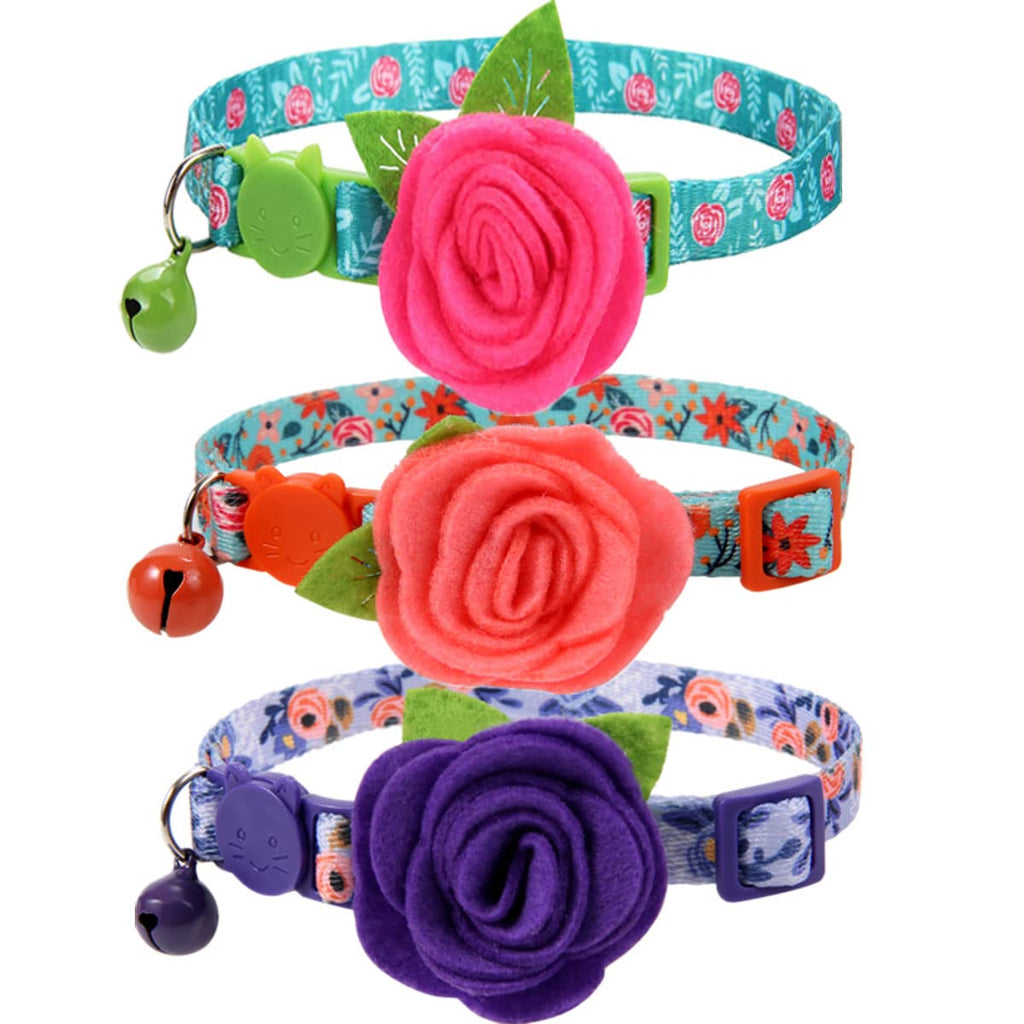 Cat Collar Breakaway with Bells, 3 Pack Small Dog Collar with Flower Charms