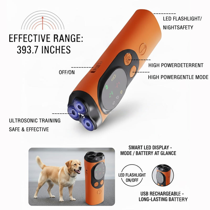 Upgraded Triple-Head Ultrasonic Dog Barking Deterrent Device - 33ft Range Handheld Anti Bark Training Tool - Rechargeable Sonic Bark Stopper for Small Medium Dogs, Age 6+ Months (Orange)