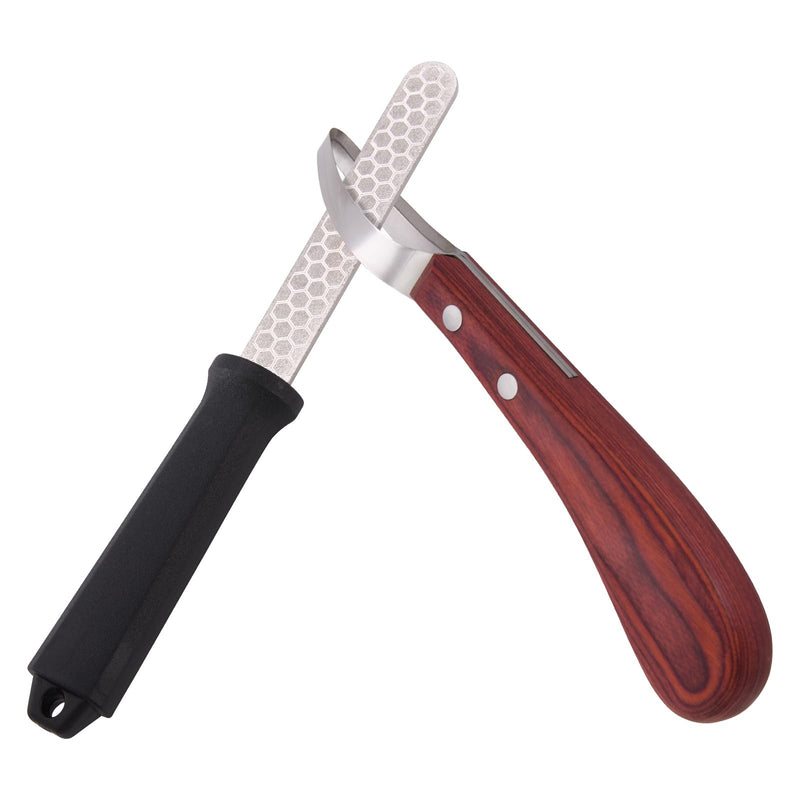 Hoof Knife with Sharpener, 2 PCS Professional Farrier Kit, Curved Stainless Steel Trimming Knife & 400/800 Grit Diamond Rod, Ergonomic Wood Handle, Rust-Resistant for Horses, Cattle