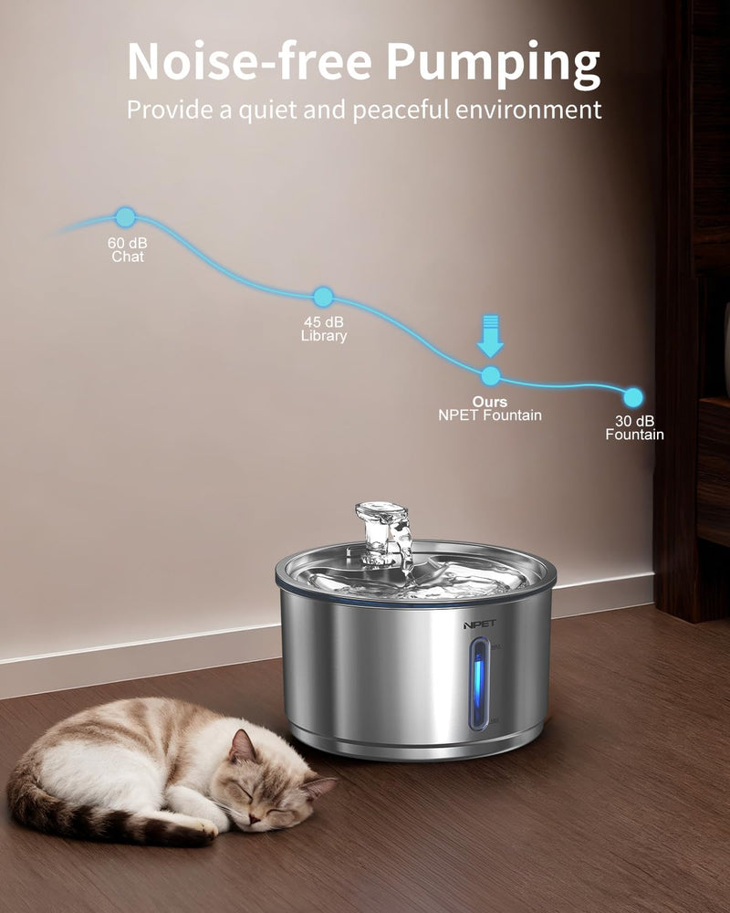 NPET Stainless Steel Cat Water Fountain, 1Gallon/135oz Automatic Pet Drinking Fountain Dog Water Dispenser Bowl with Water Level Window for Cats Indoor - WF210Plus With 1 Filter+1 Sponge 1 Gal Fountain - PawsPlanet Australia