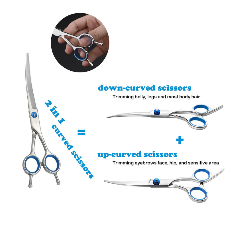 7 Inch Professional Dog Grooming Scissors Set with Safety Round Tip 4CR Stainless Steel Pet Grooming Shears for Cats & Dogs (Blue) Blue - PawsPlanet Australia