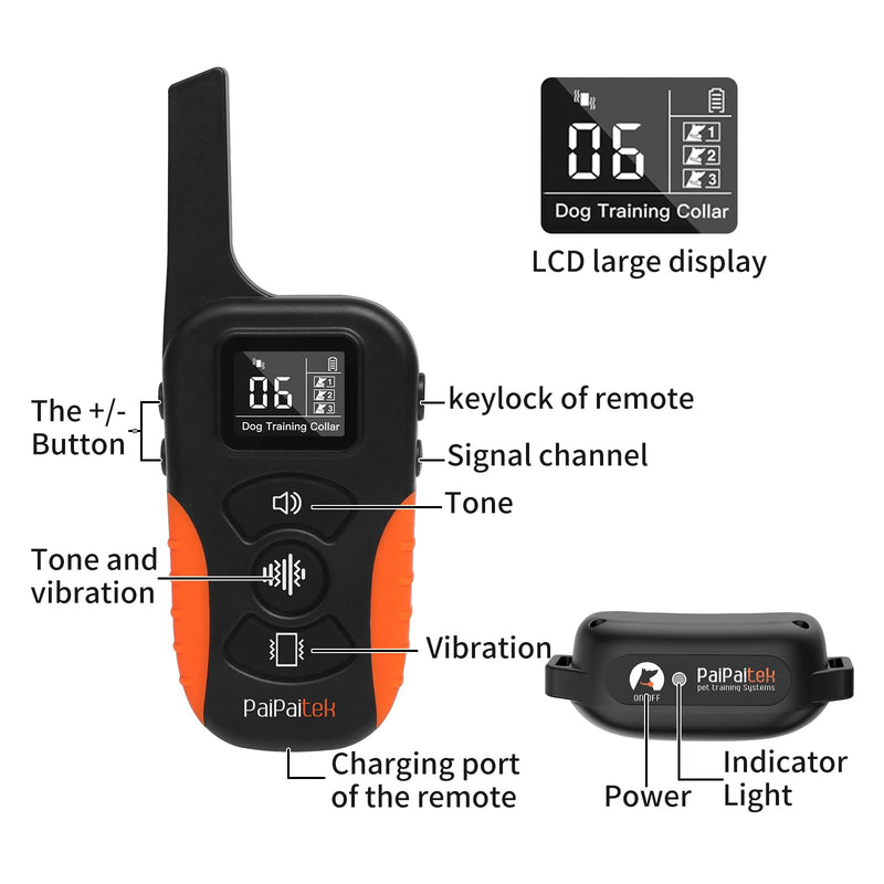 PaiPaitek Dog Vibration Collar with Controller No Shock, 3300ft Waterproof Training Dog Collar Beep and Vibrate Only, Security Lock & Rechargeable Vibrating Collar for Dogs 5-120 lbs - No Prongs PD519V1-OR - PawsPlanet Australia