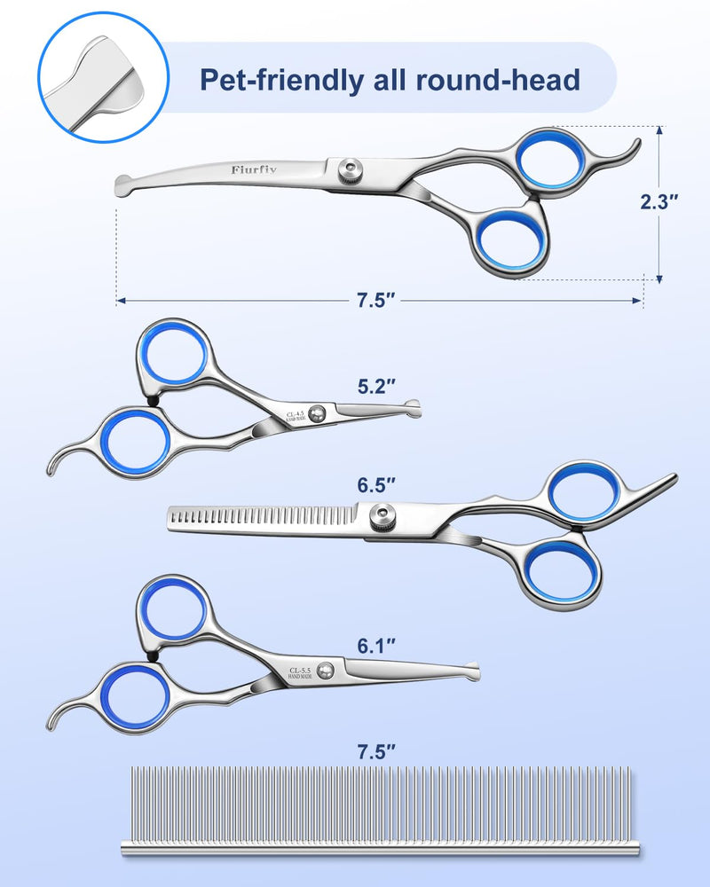 Furry Grooming Scissors with Safety Round Heads. Dog Grooming Scissors, 5CR 6 in 1 Dog Grooming Scissors, Curved Dog Grooming Scissors, Professional Pet Grooming Scissors Set for Dogs and Cats - PawsPlanet Australia