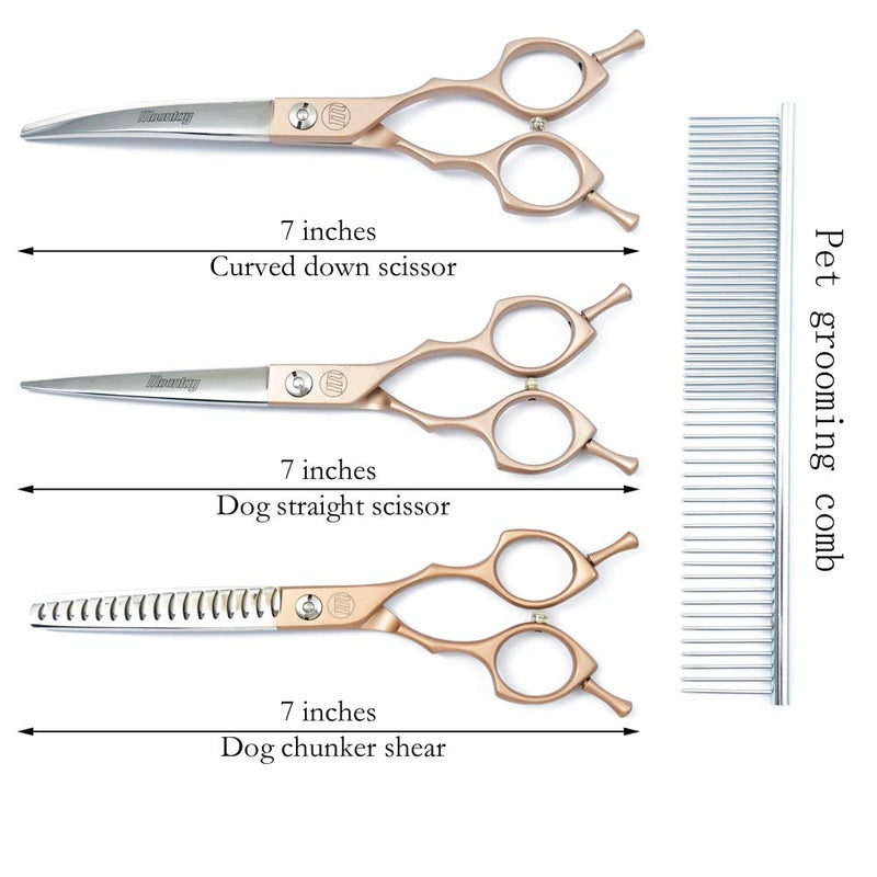 Moontay 6.5" Professional Pet Grooming Scissors Set, 3-pieces Dog Cat Grooming Straight & Curved & Chunker Shears/Scissors with 1 Grooming Comb, 440C Japanese Stainless Steel Grooming Scissor, Gold 3 PCS ( Straight & Curved & Chunker Scissors ) - PawsPlanet Australia