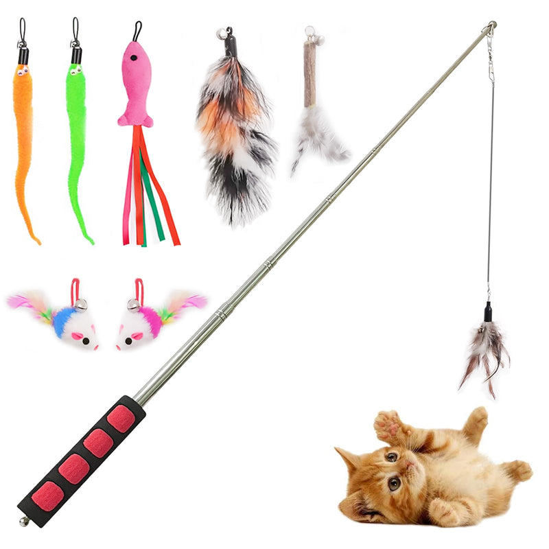 Cat Fishing Pole for Indoor Cats,Interactive cat Toys with Colorful Feather and Bell. (Red) Red