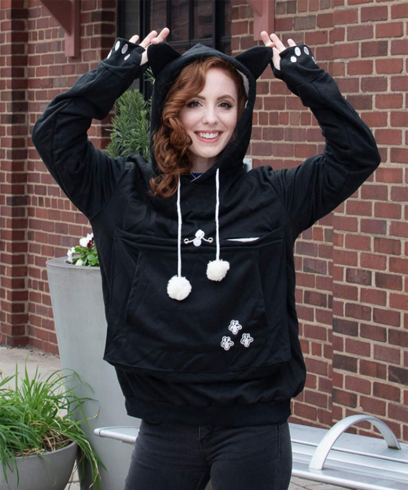Unisex Big Pouch Hoodie Long Sleeve Pet Cat Dog Holder Carrier Sweatshirt Black Medium - PawsPlanet Australia