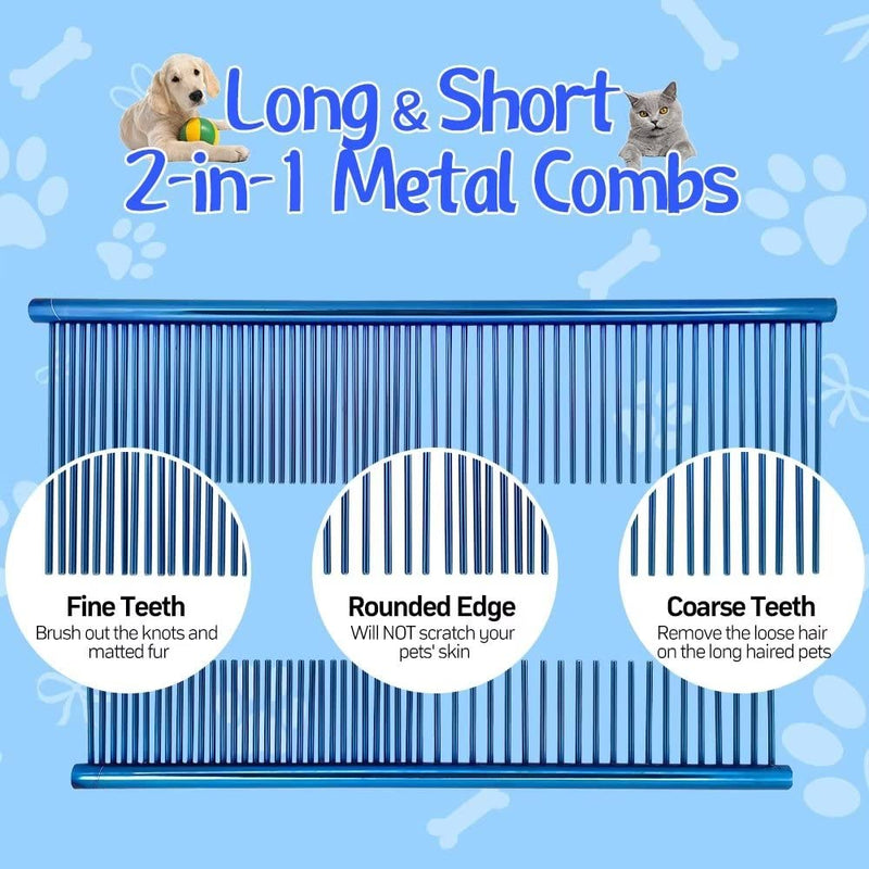 Pet Grooming Comb Kit - Flea Combs for Dog and Cat, 5Pcs Lice Combs and Tear Stain Remover Comb with Stainless Steel Teeth, Professional Pet Grooming Tool with Portable Bag for Removing Knots & Tangle Blue + Balck 5 Piece Set - PawsPlanet Australia