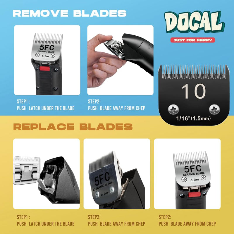 Docal 10# Pet Dog Grooming Detachable Blades with Extra Clipper Stainless Steel Blade, Compatible with Andis Size-10# Cut Length 1/16"(1.5mm), Most A5,KM Series Clippers,Made of Ceramic Blade (Black) 10# 1.5mm with Stainless steel blade - PawsPlanet Australia