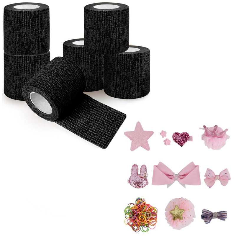 QUMY 6 Pack Black Self-Adhesive Bandage Wrap 2 Inch x 5 Yards and Dog Hair Clips Set