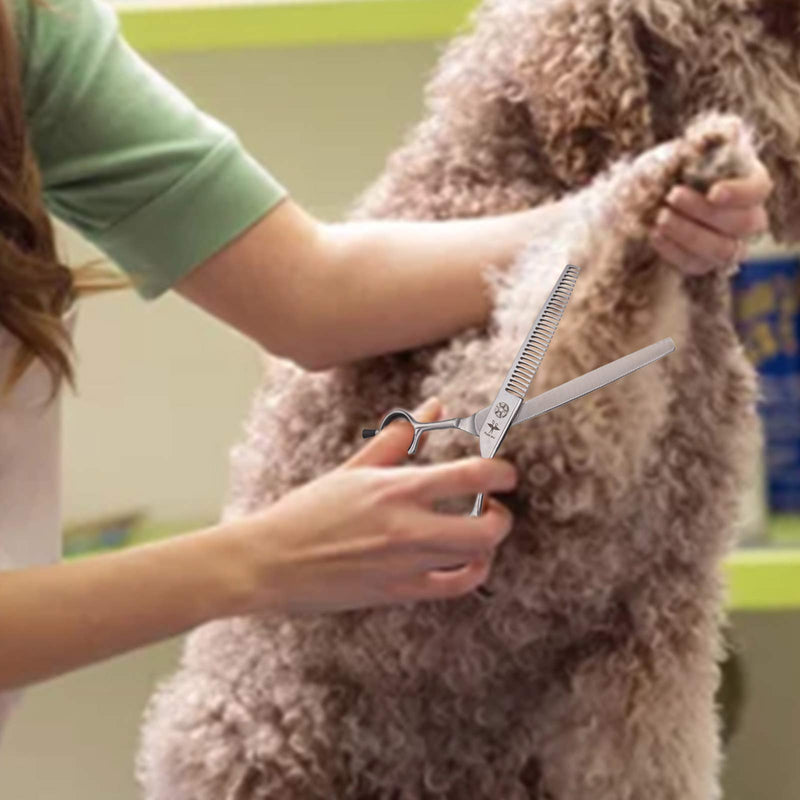 PURPLRBIRD 7 Inch Straight Dog Grooming Scissors Pet Thinning Texturizing Shears Professional Safety Blunt Tip Trimming Shearing for Dogs Cats Face Paws Limbs Japanese Stainless Steel Silver 7.0"Thinning - PawsPlanet Australia