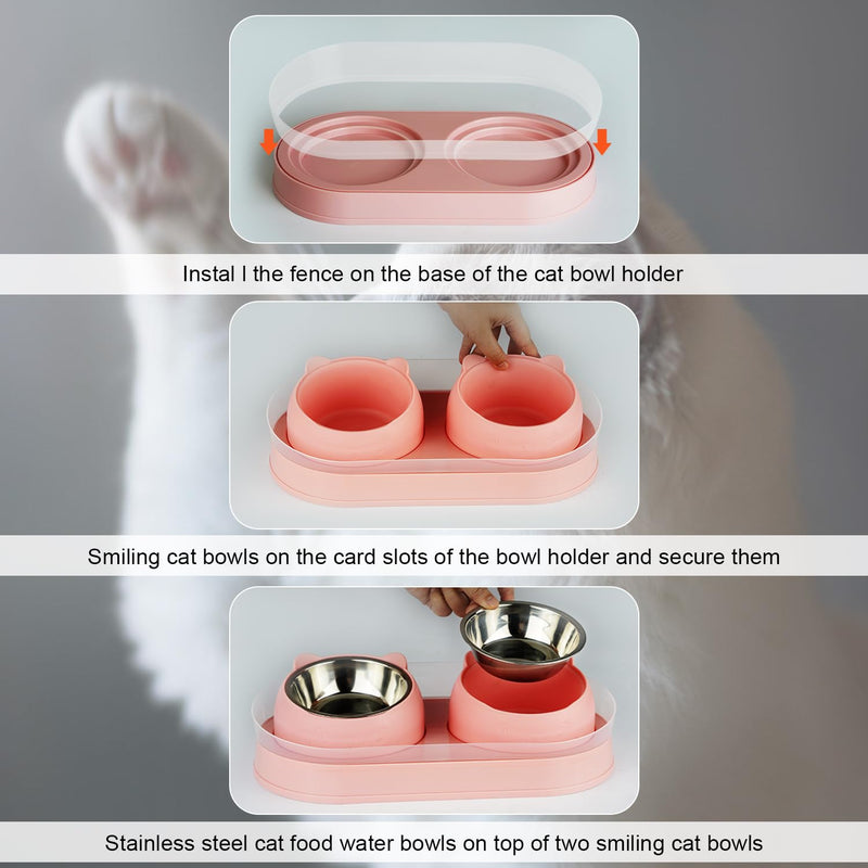 Elevated Cat Food Bowls, Raised Cat Bowl with Stand Stainless Steel, Tilted Cat Bowls Anti Vomiting, Double Cat Food and Water Bowl Set for Cats (Pink) Pink - PawsPlanet Australia