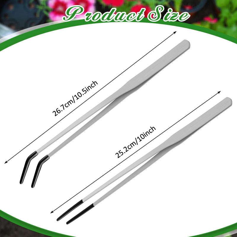 2 Pcs Extra Long Stainless Steel Reptile Feeding Tongs with Rubber Tip Bearded Dragon Aquarium Straight and Curved Long Tweezer Terrarium Feeder Tool for Tank(Silver, 10 Inch, 10.5 Inch) Silver - PawsPlanet Australia