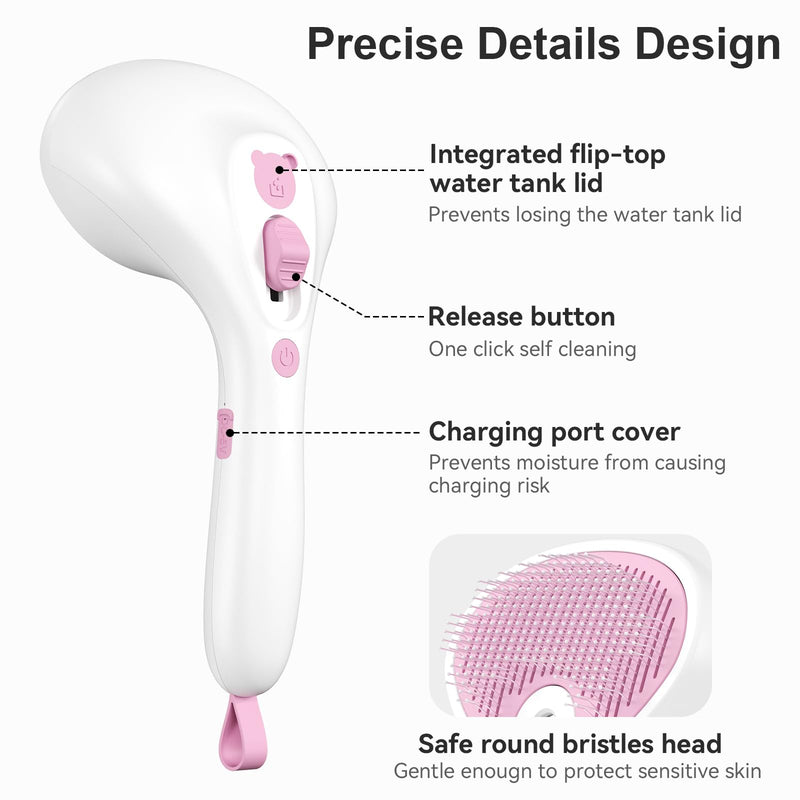 Steam Cat Brush with Release Button, [Ultra-Quiet Design/Comfort-Grip Handle] Pet Spray Dog Brush, Rechargeable Pet Steam Brush for Long Short Hair Cats, Dogs, Rabbits Grooming(Pink) - PawsPlanet Australia