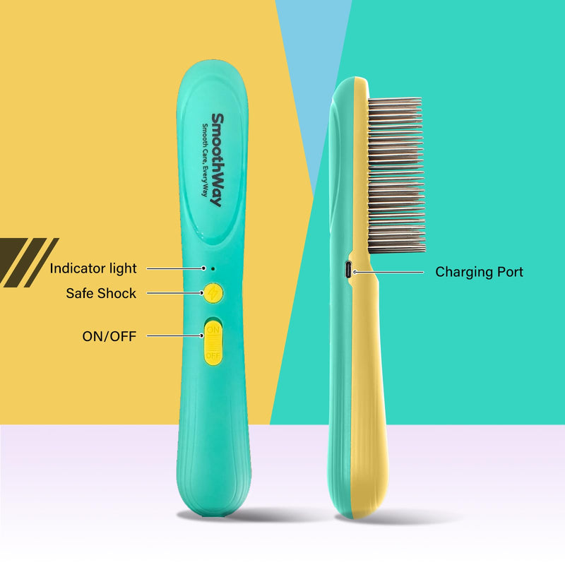 Premium Flea Comb for Dogs & Cats with Long Hair - 3-Row Stainless Steel Detection Tool with Manual Cleaning Brush | Electric Negative Ion Grooming Comb for Shaggy Dogs, Cats and Long-haired Animals - PawsPlanet Australia