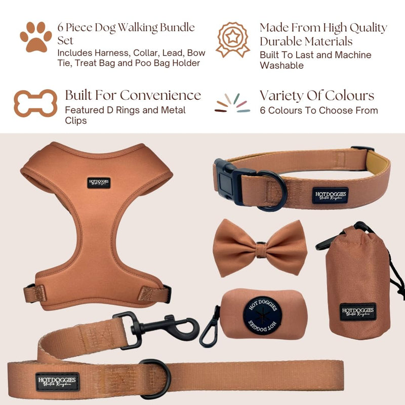 Hot Doggies Dog Walking Bundle Set. 6 COLOURS AVAILABLE. INCLUDES Harness, Lead, Collar, Treat Bag, Poo Bag Holder, Bow Tie (Large, Biscotti Beige) Large