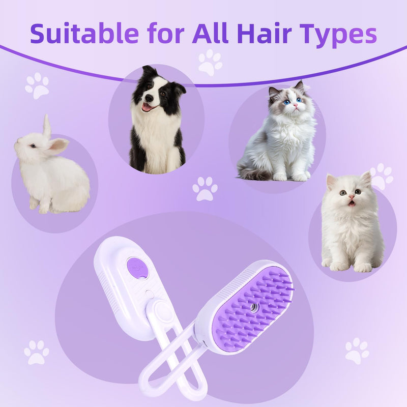 4-in-1 Rechargeable Anti-Dandruff Pet Steam Brush — brush for sheddingCats & Dogs,pet hair removal tool. Integrating functions of massage,clean, hair grooming and anti-static (purple) purple - PawsPlanet Australia