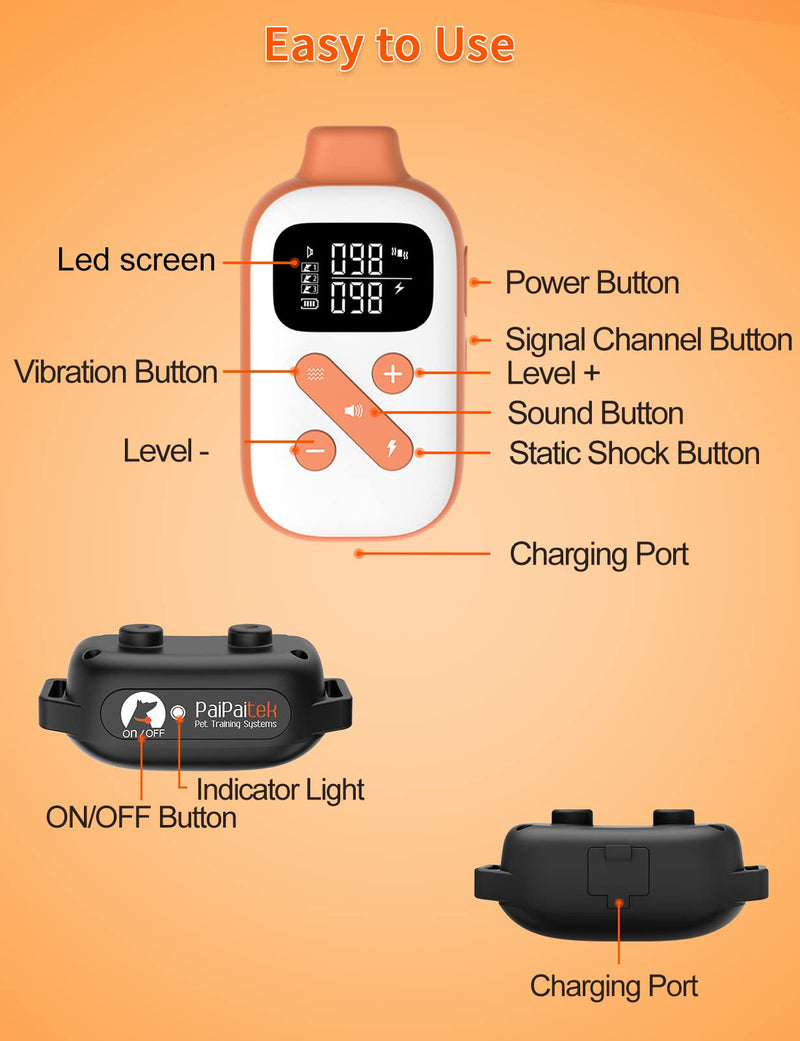 PaiPaitek 2-in-1 Dog Bark Collar and Shock Collar with Remote 3300ft Range - 5 Adjustable Sensitivity Levels, IP67 Waterproof Training Collar for Small, Medium, and Large Dogs (5-120 lbs) Orange - PawsPlanet Australia