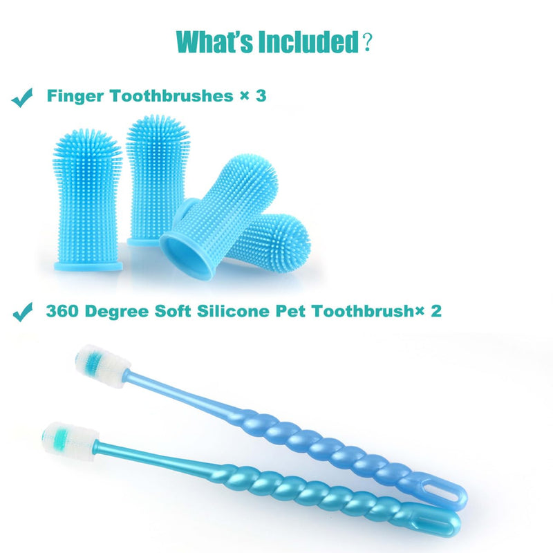 Dog Toothbrush, Finger Toothbrush, 360 Degree Silicone Toothbrush for Dental Care, Easy Dog Cat Puppy Teeth Cleaning 5Pack Blue
