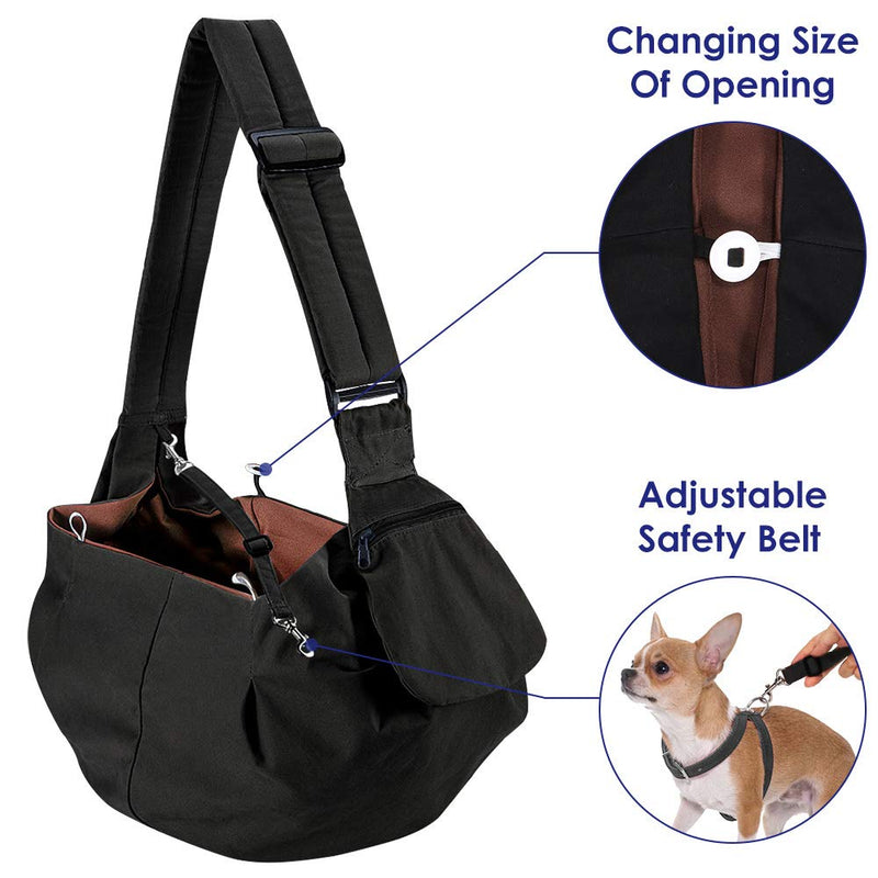 Dog Padded Papoose Sling, Small Pet Sling Carrier Hands Free Carry Adjustable Shoulder Strap Reversible Tote Bag with a Pocket Safety Belt Dog Cat Traveling Subway 5-12lbs Water-Resistant Black - PawsPlanet Australia