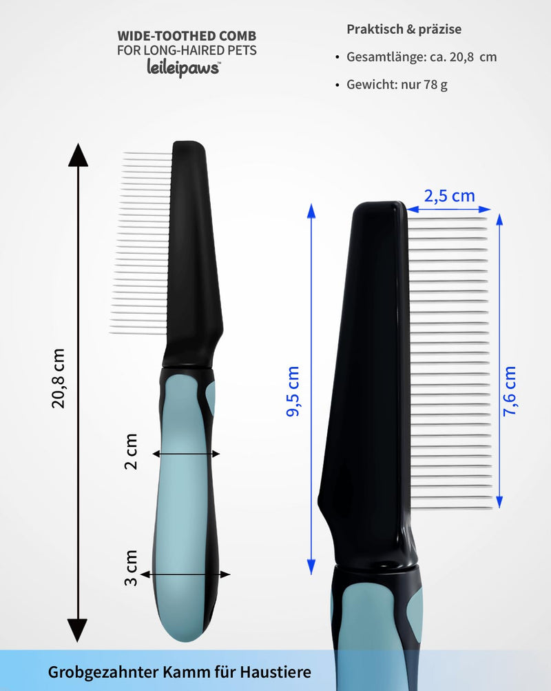 Detangling Comb & Wide Tooth Comb for Dogs & Cats - Grooming Comb Against Tangles, Loose Hair & Dirt - Stainless Steel Teeth, Ergonomic Non-Slip Handle, for Long Hair & Curly Fur Pets