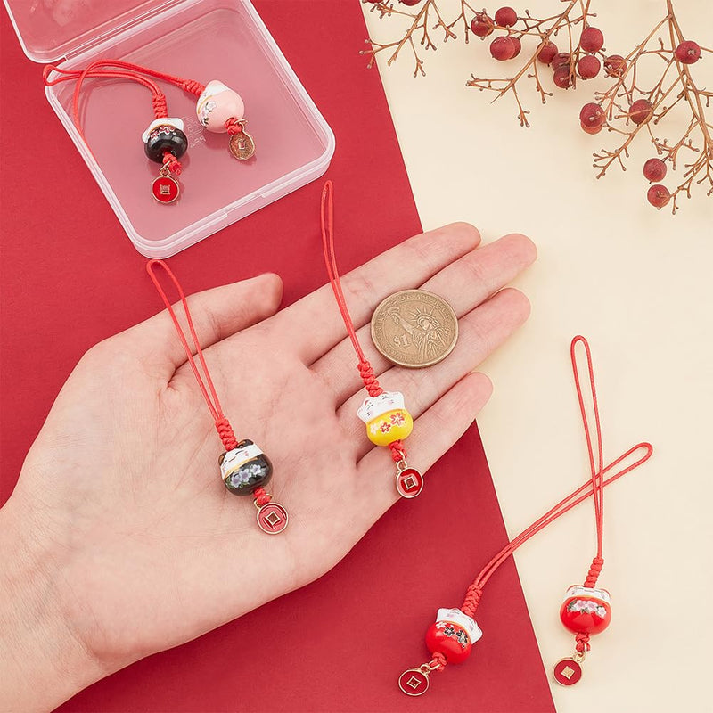 PH PandaHall 7pcs Lucky Cat Keychains Ceramic Beckoning Cat Charms Keyrings Pendant Maneki Neko Ornament Fortune Pendants Mobile Phone Pendant with Coins Alloy Pendants for New Year Christmas - PawsPlanet Australia