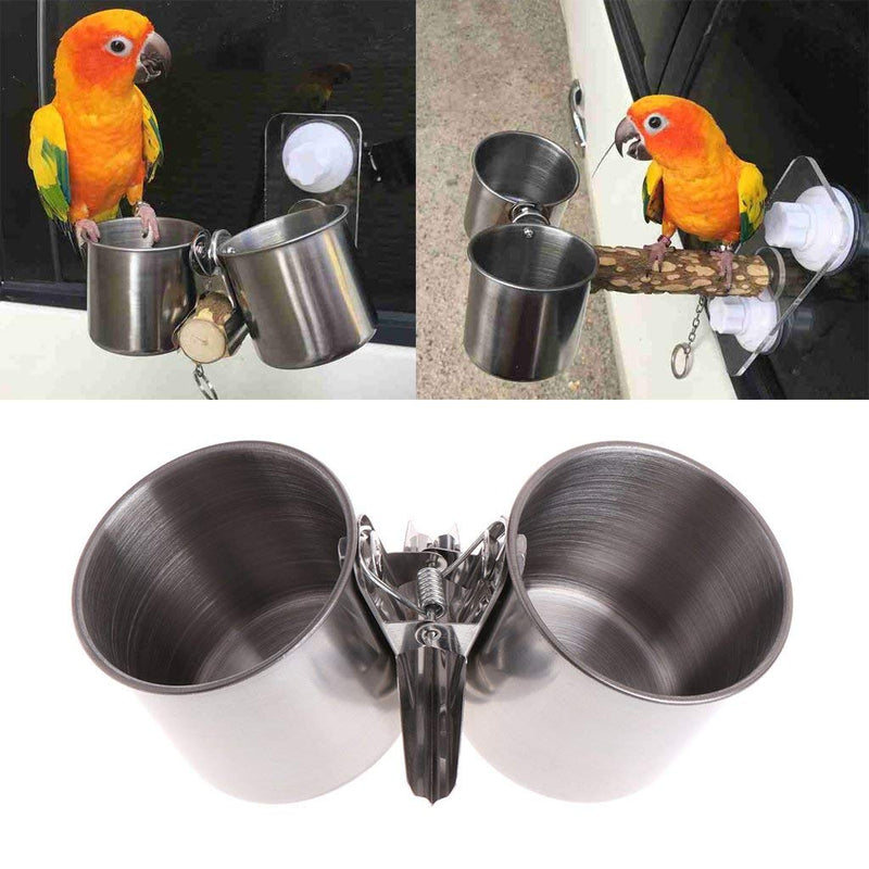 Hypeety Bird Parrot Feeding Double Cups Stainless Steel Food Water Bowls with Clip Bird Seed Feeder Cups Hanging Bowl Cage Stand Accessories - PawsPlanet Australia